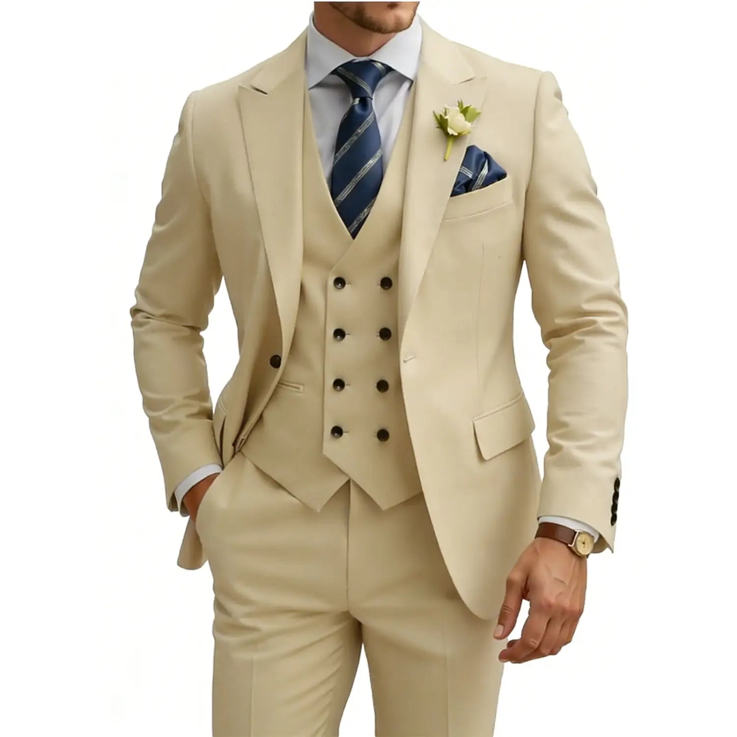 Costume trois pièces beige pour hommes comprenant une veste en double boutonnage, un gilet assorti et un pantalon, dans une coupe sur mesure.