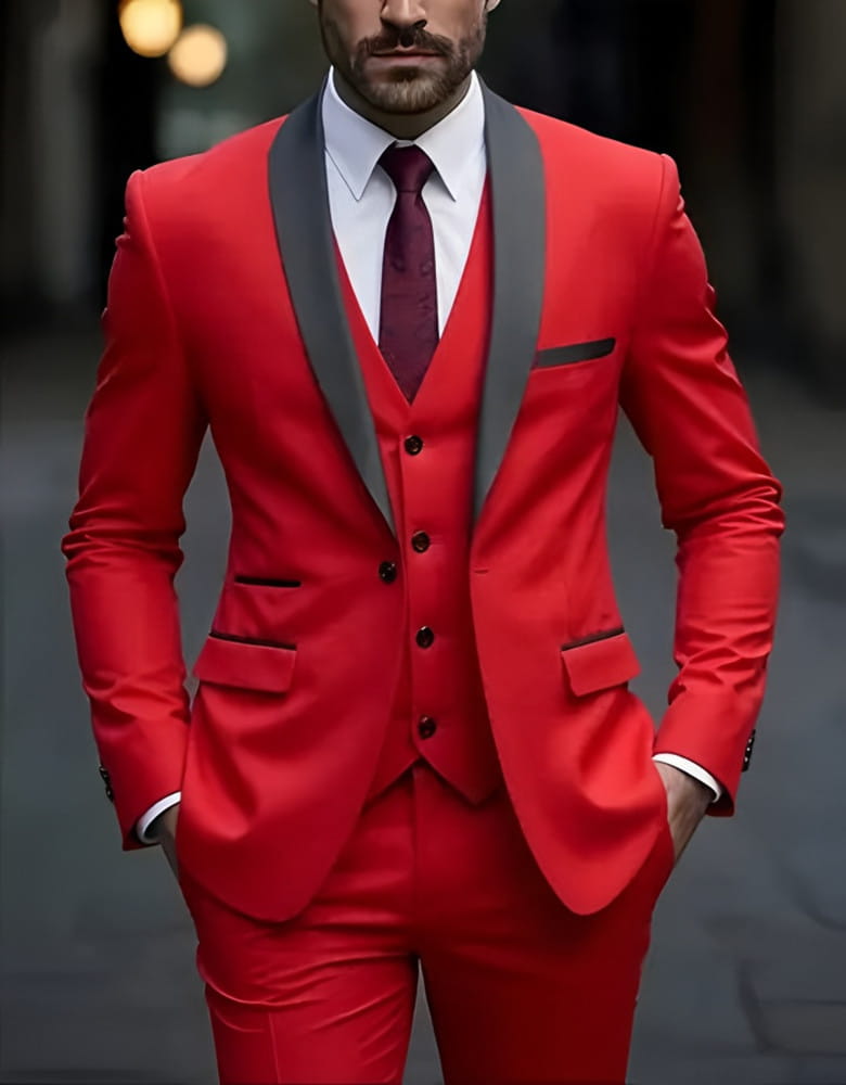Un remarquable smoking homme slim fit rouge, présentant des revers en satin noir élégants et des boutons assortis avec un type de fermeture simple