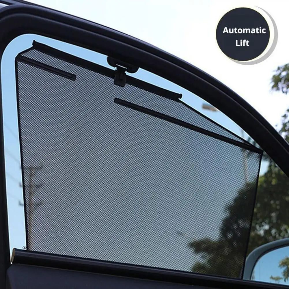 Black mesh retractable car window sunshade with UV protection and automatic lift mechanism shown from the back side.