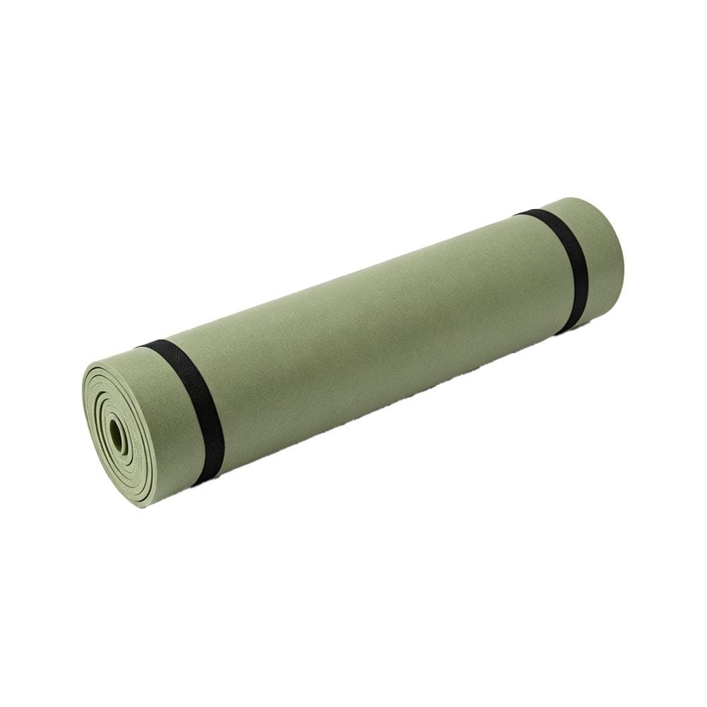 a rolled-up olive green foldable eva exercise mat secured with black elastic bands for yoga and fitness use