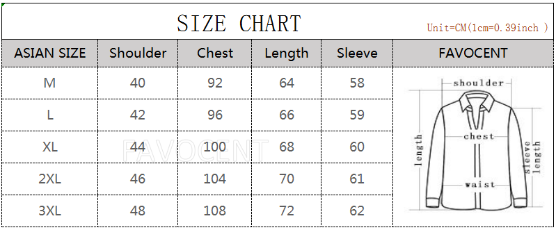 Größentabelle der Marke Favocent in Zentimetern für Herren-Strickpullover, einfarbiger, legerer Winterpullover mit langen Ärmeln, von asiatischen Größen M bis 3XL.