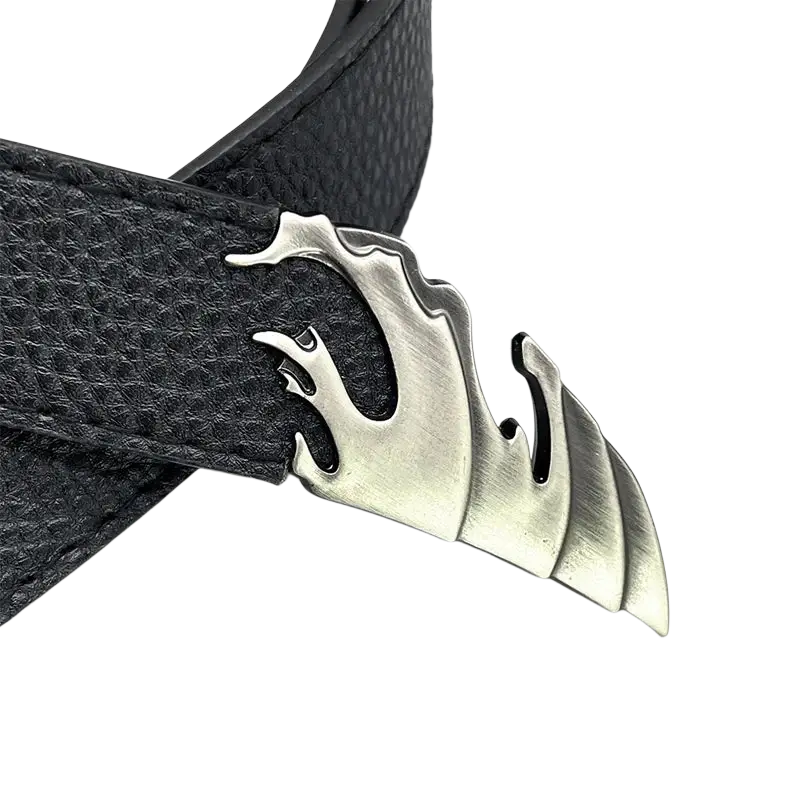 Black leather belt designer with a silver dragon-shaped buckle for punk corset and gothic accessories use