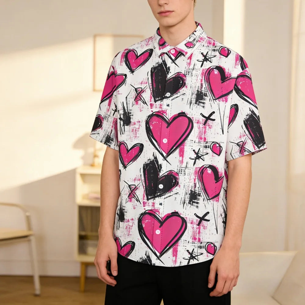 Valentine's Day Themed Men's & Women's Casual Shirt Romantic Short Sleeve Red Pink White Heart Print Loose Fit Button Down Shirt
