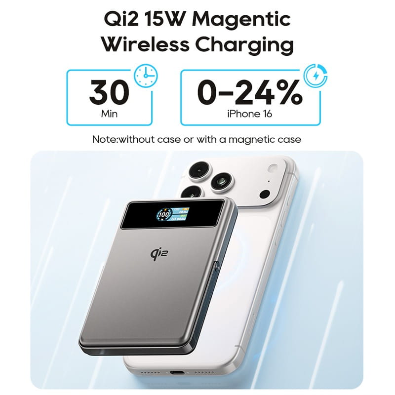 silver qi2 15w magnetic wireless charging pad with a sleek rectangular design and digital battery level display integrated with a 10000mah 20w wired wireless charging power bank