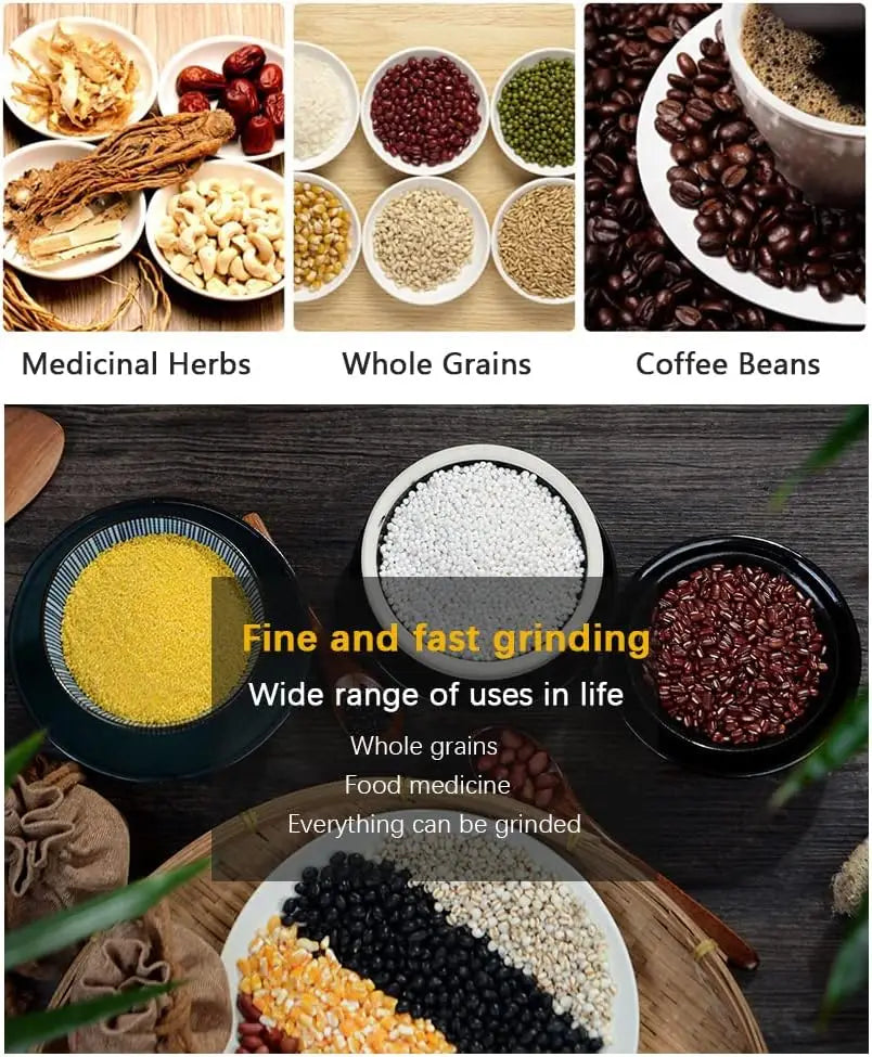 A black ceramic bowl filled with white granules next to various grains and herbs illustrating the use of an electric coffee and spice grinder blade mill.