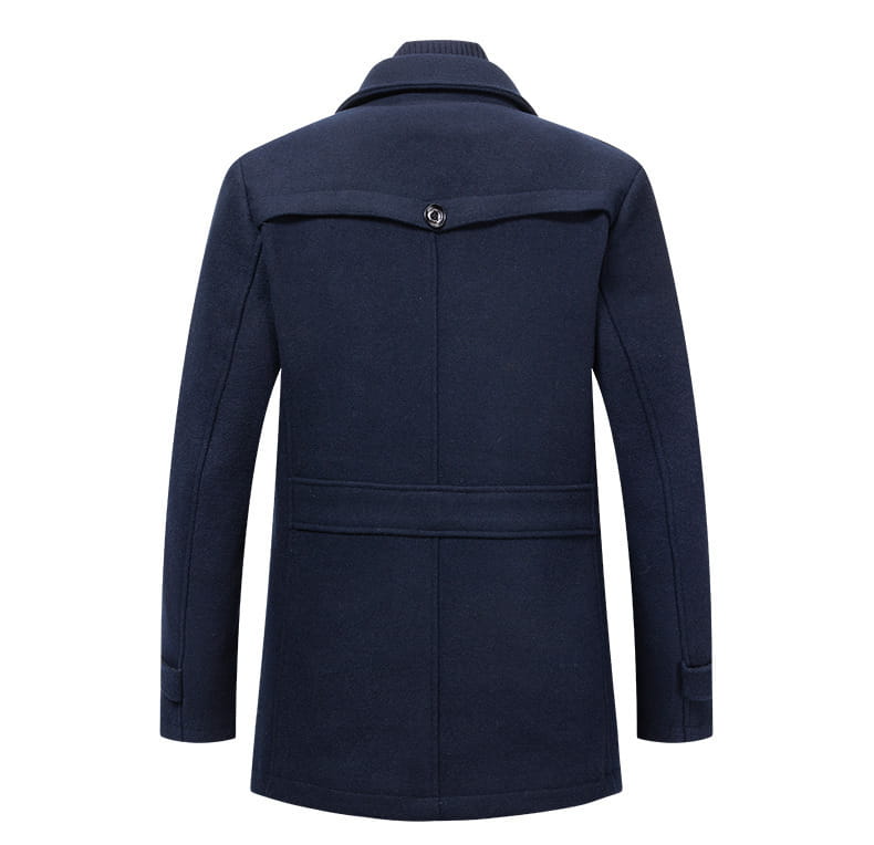 Dunkelblauer Herren-Woll-Trenchcoat/Woll-Trenchcoat als Winterjacke mit Doppelkoller und geknöpftem Rückendetail modname=ckeditor