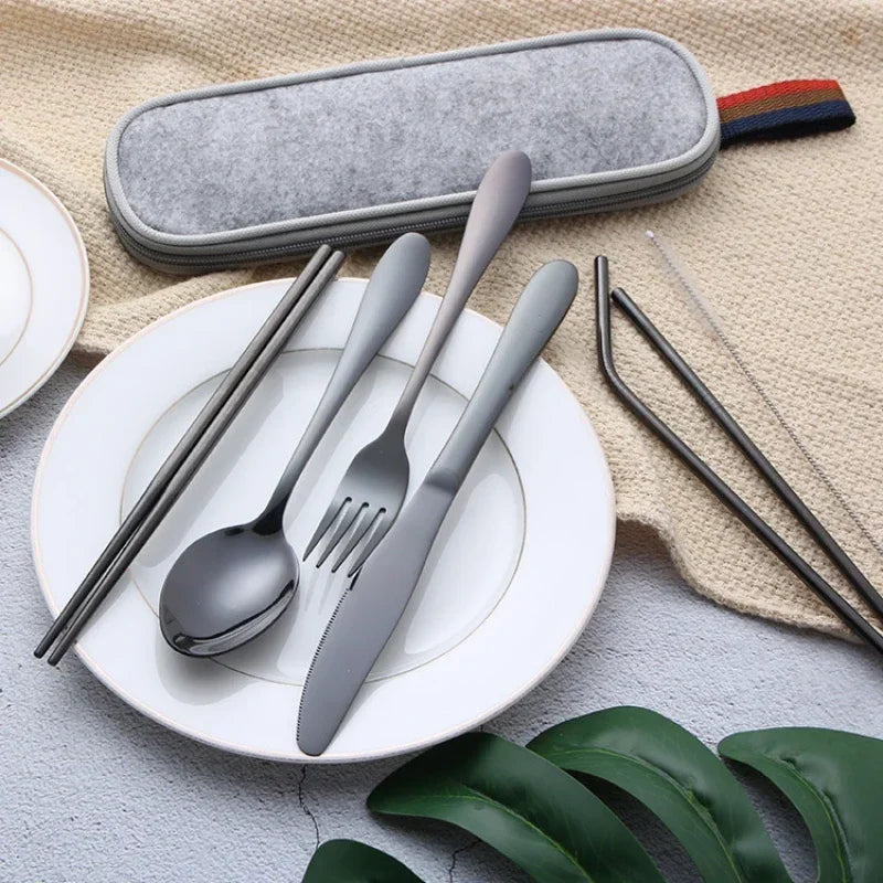 Tableware Reusable Travel Cutlery Set Camp Utensils Set with Stainless Steel Spoon Fork Chopsticks Straw Portable Case