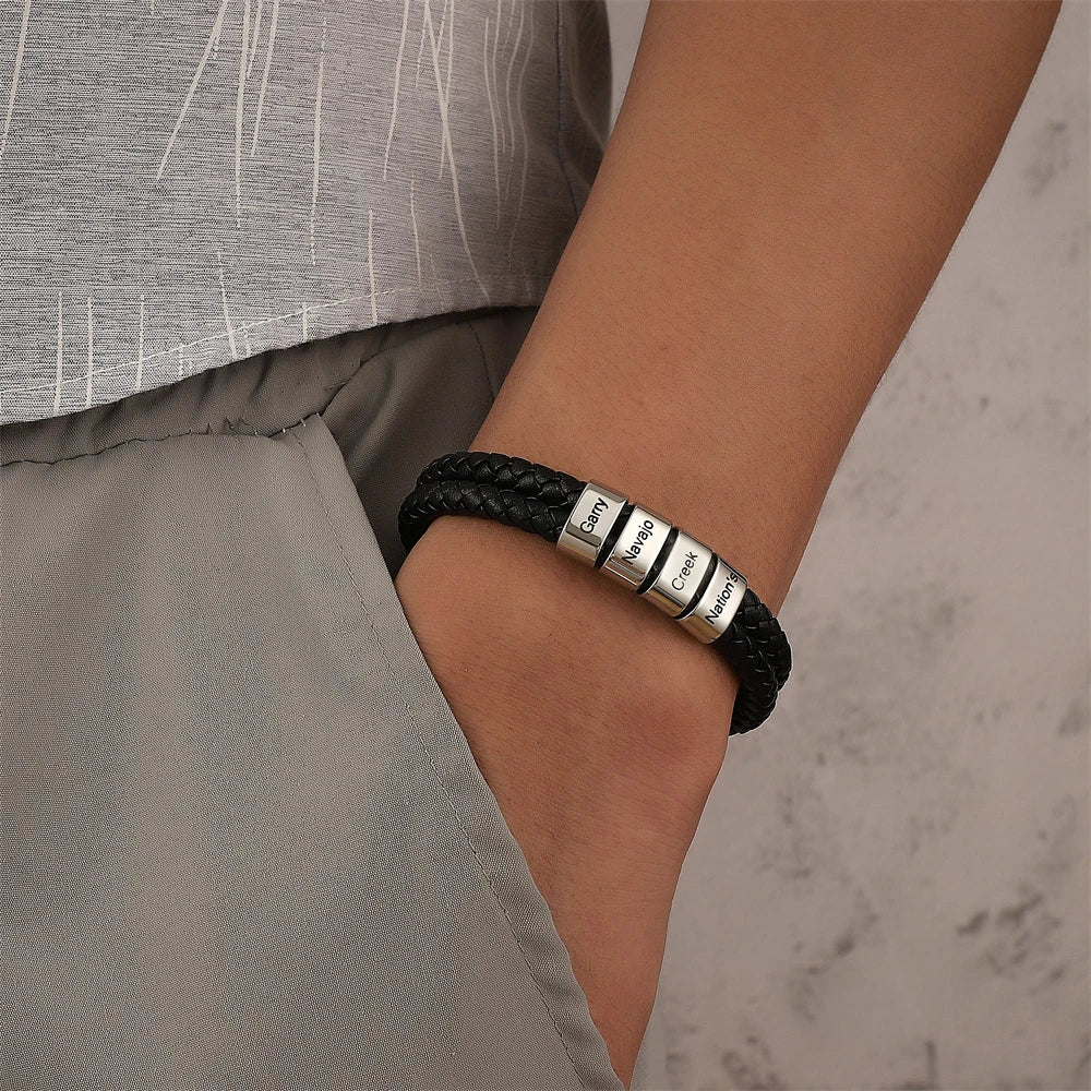 Fathers Day Gift Personalized Men's Leather Bracelet Custom Engraved Kid Names Beads Bracelets for Dad Husband Punk Jewelry Boy