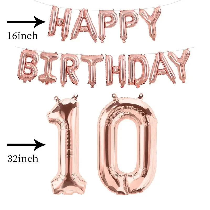 15pcs Rose Gold Happy Birthday Number Foil Balloon Kids Adult Party Simple Decorations Boy Girl 10 18 25 30 40 50 60 70 Year Old