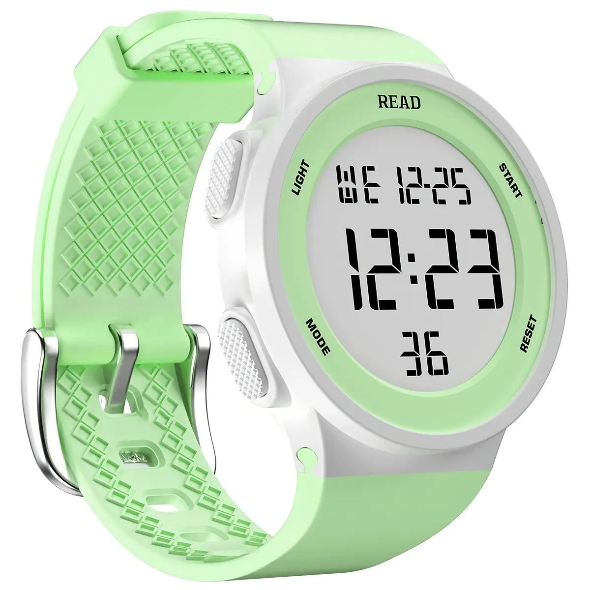A lime green and white digital sports watch with a textured silicone strap designed as a waterproof fitness timepiece for women with white LED display.