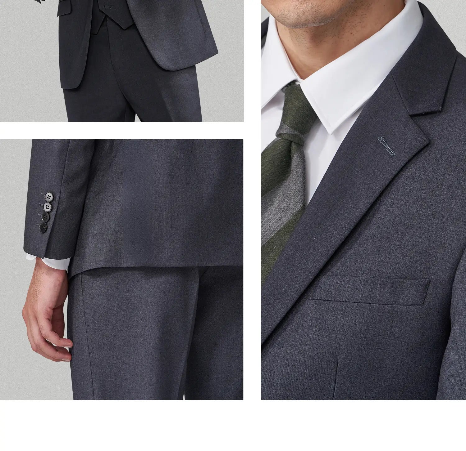 Costume en laine texturée gris foncé pour homme en coupe slim, avec revers à encoches et poignets à trois boutons, avec un type de fermeture boutonnée simple pour une tenue formelle et professionnelle décontractée