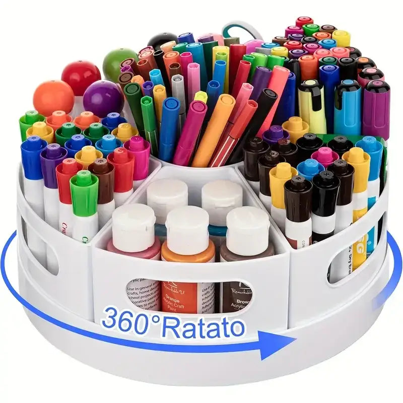 white 360-degree rotating desk organizer with seven compartments holding colorful markers and paint bottles for stationery storage.