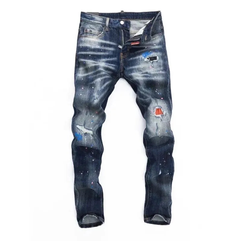 Autumn and Spring New Fashion Trend Retro Ripped Straight Leg Elastic Denim Pants for Men Casual Sports High Quality Jeans