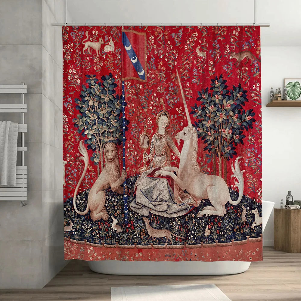 Red Floral Curtain with Medieval Tapestry Design for Bathroom Decor – Luxury Unicorn Bath Rug Shower Curtain Waterproof Home Dec