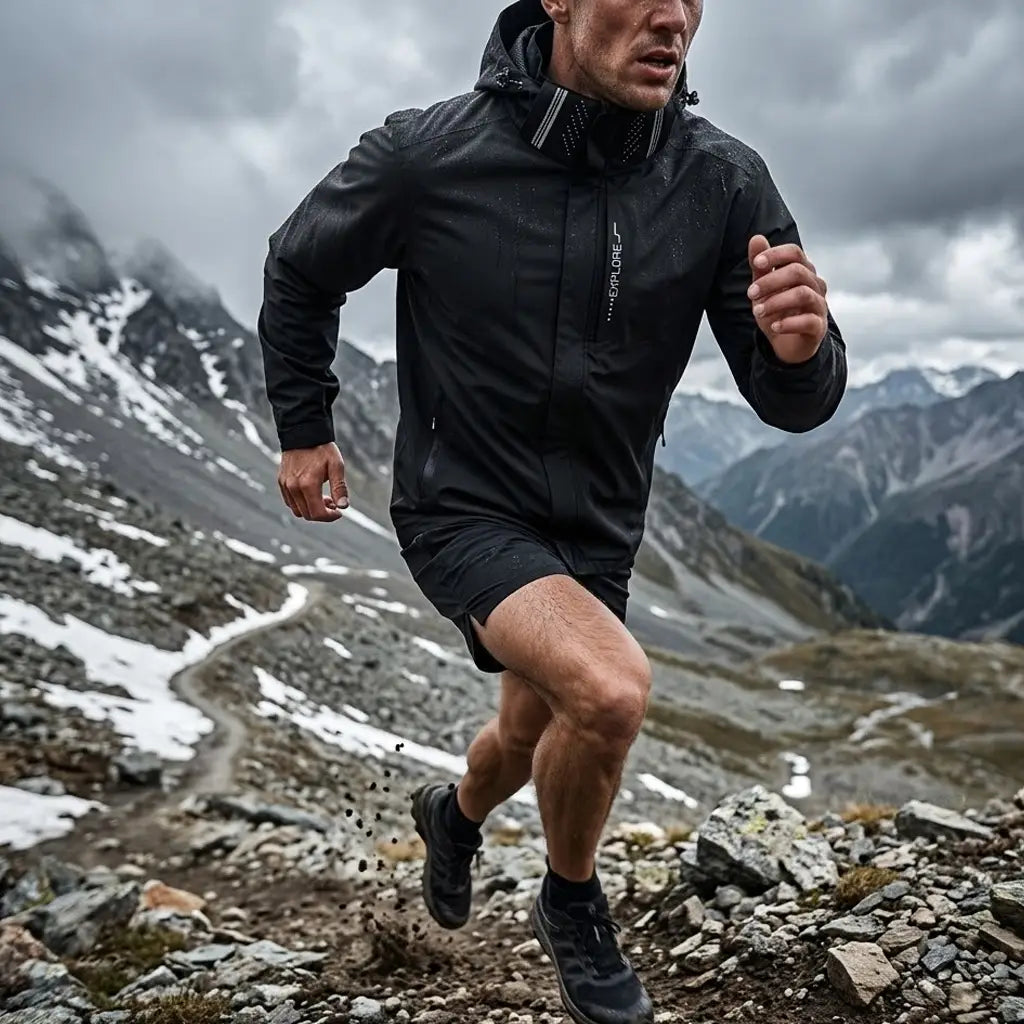 Men waterproof hiking jacket windbreaker outdoor hooded coat in black with a waterproof material and subtle white branding on the chest.