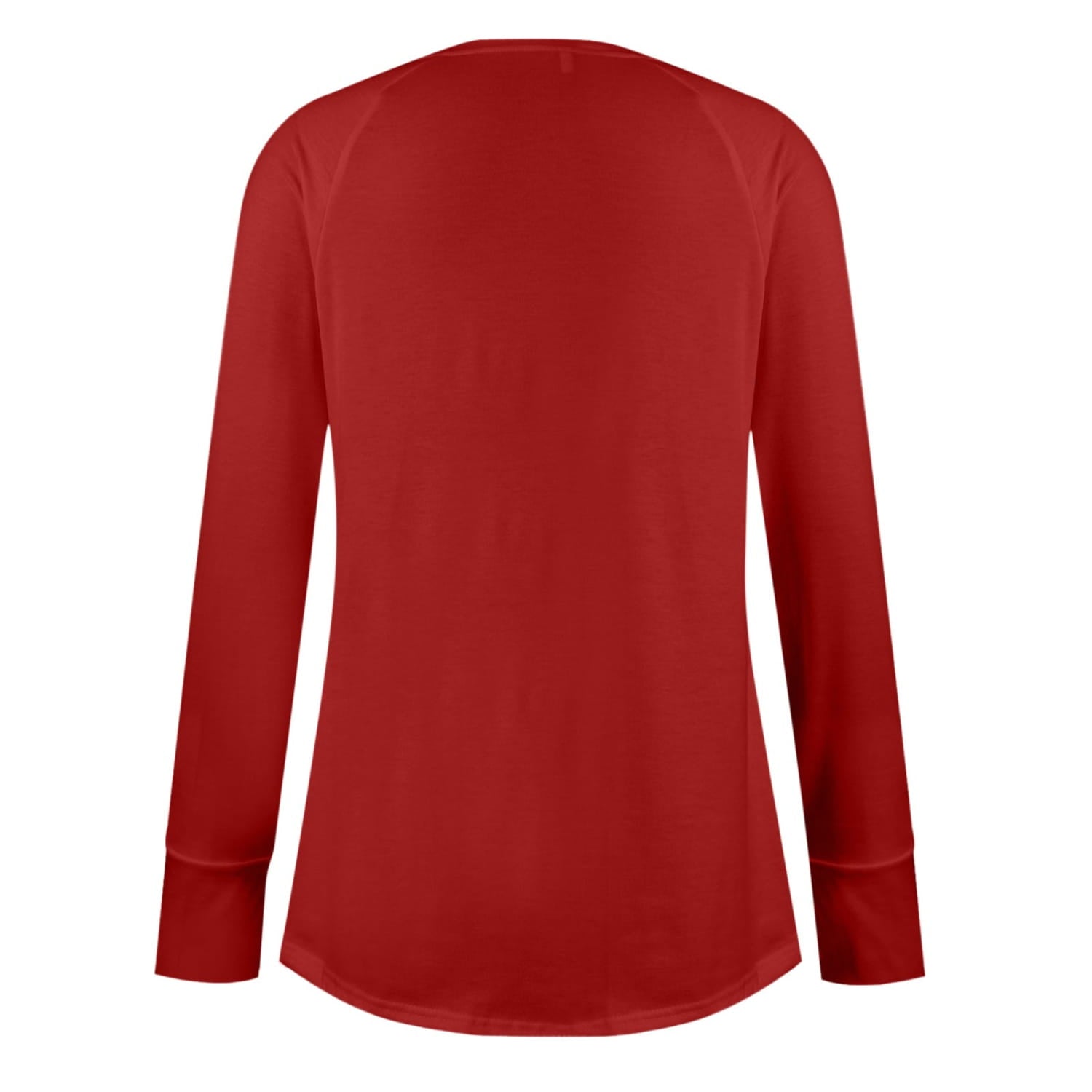 red long sleeve cotton tunic top for women featuring a round neck and raglan sleeve design with a solid pattern type.