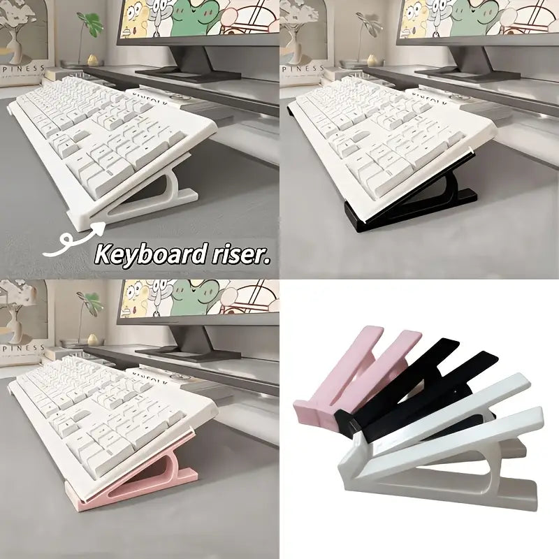 A sleek minimalist keyboard stand in white black or pink plastic with a modern angular design included in a keyboard stand and cleaning brush set.