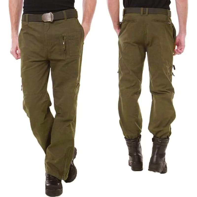 Herren-Tactical-Cargo-Hosen in Olivgrün aus Baumwolle mit mehreren Taschen und einer stabilen Gürtelschlaufen-Konstruktion.