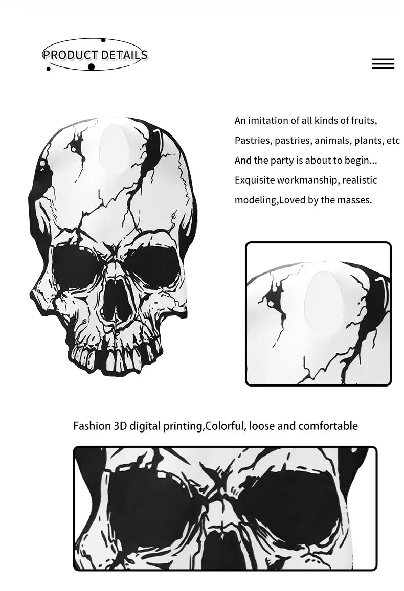 Black and white illustrated skull with a cracked textured surface for skull costume party cosplay outfit.