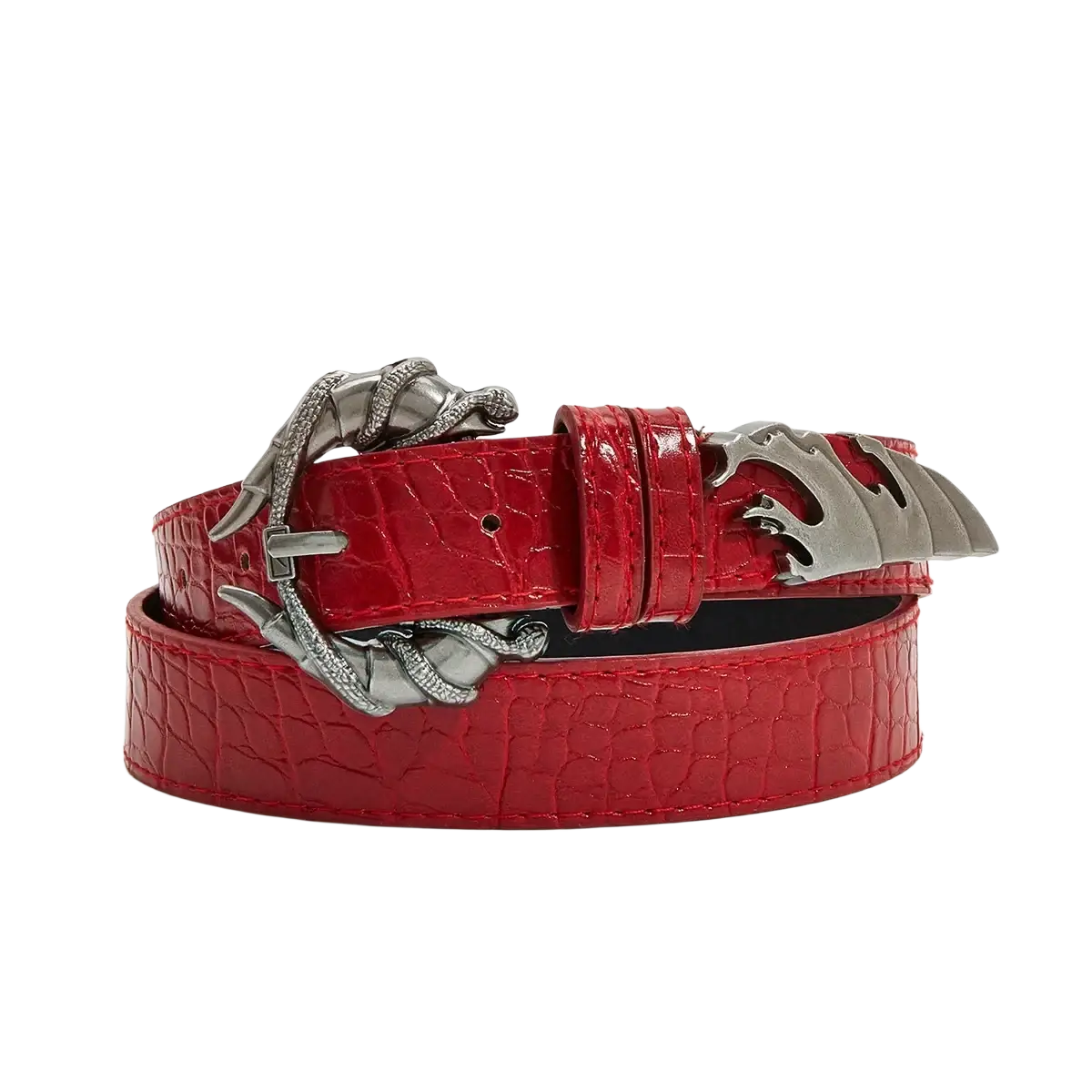 Cinturón de cuero vibrante color rojo con textura de cocodrilo, con una hebilla ornamentada con cabeza de dragón en tono plateado y cristales incrustados, visto desde el frente.