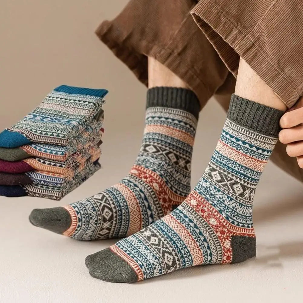 Men retro cotton crew socks mid-high tube thermal in teal featuring a cozy multi-colored geometric pattern in blue, red, and beige fashion trend.