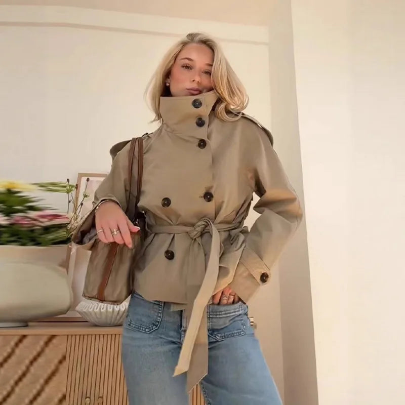 Spring Autumn Trench Coat Women Jacket Double-breasted Belted Outerwear Lapel Long Sleeve Windbreaker Design Coat Outerwear