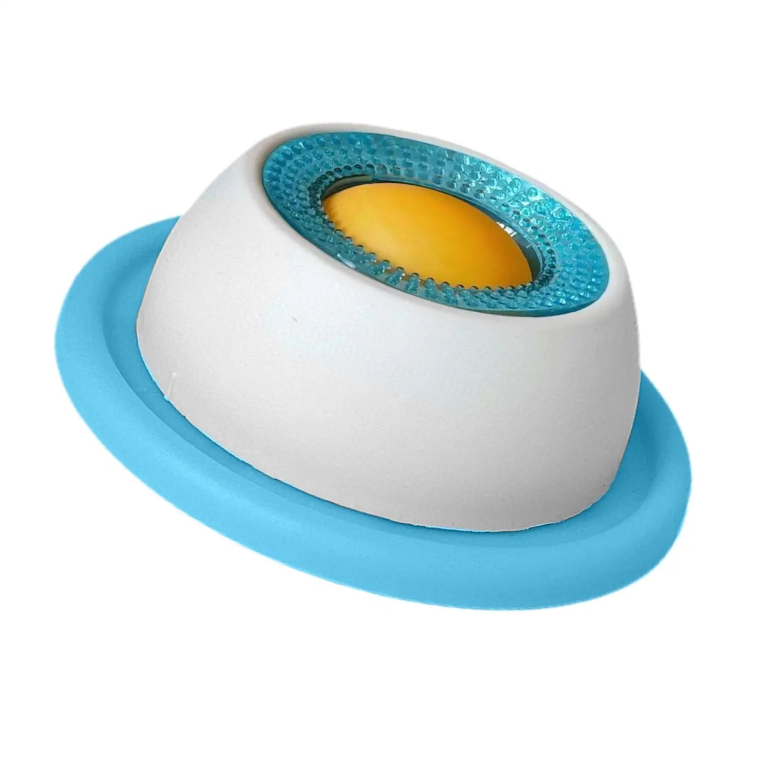 white and blue silicone dog licking toy slow feeder puzzle for puppies with a textured turquoise rim and yellow center insert designed as a licking toy