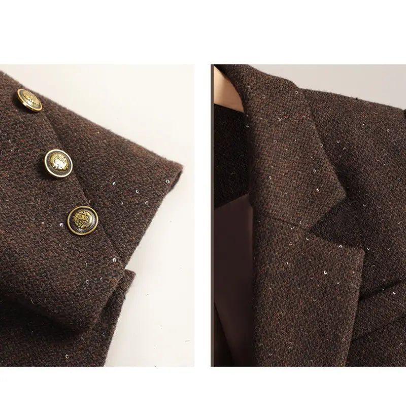 Dark brown wool blend double breasted blazer with gold toned buttons and subtle glittery embellishments.