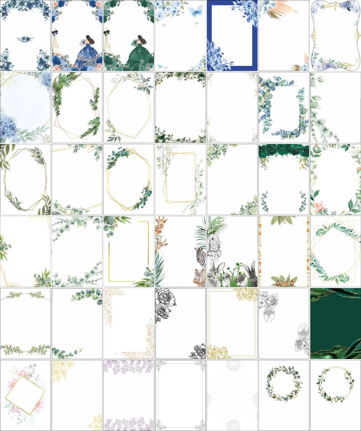 a collection of ten custom acrylic shabbat candle blessing souvenirs featuring elegant nature-inspired decorative frames in soft greens and blues with delicate floral and botanical designs