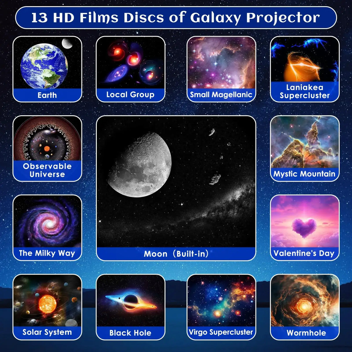 Galaxy projector pro displaying 13 hd cosmic films including earth moon and black holes with white noise feature