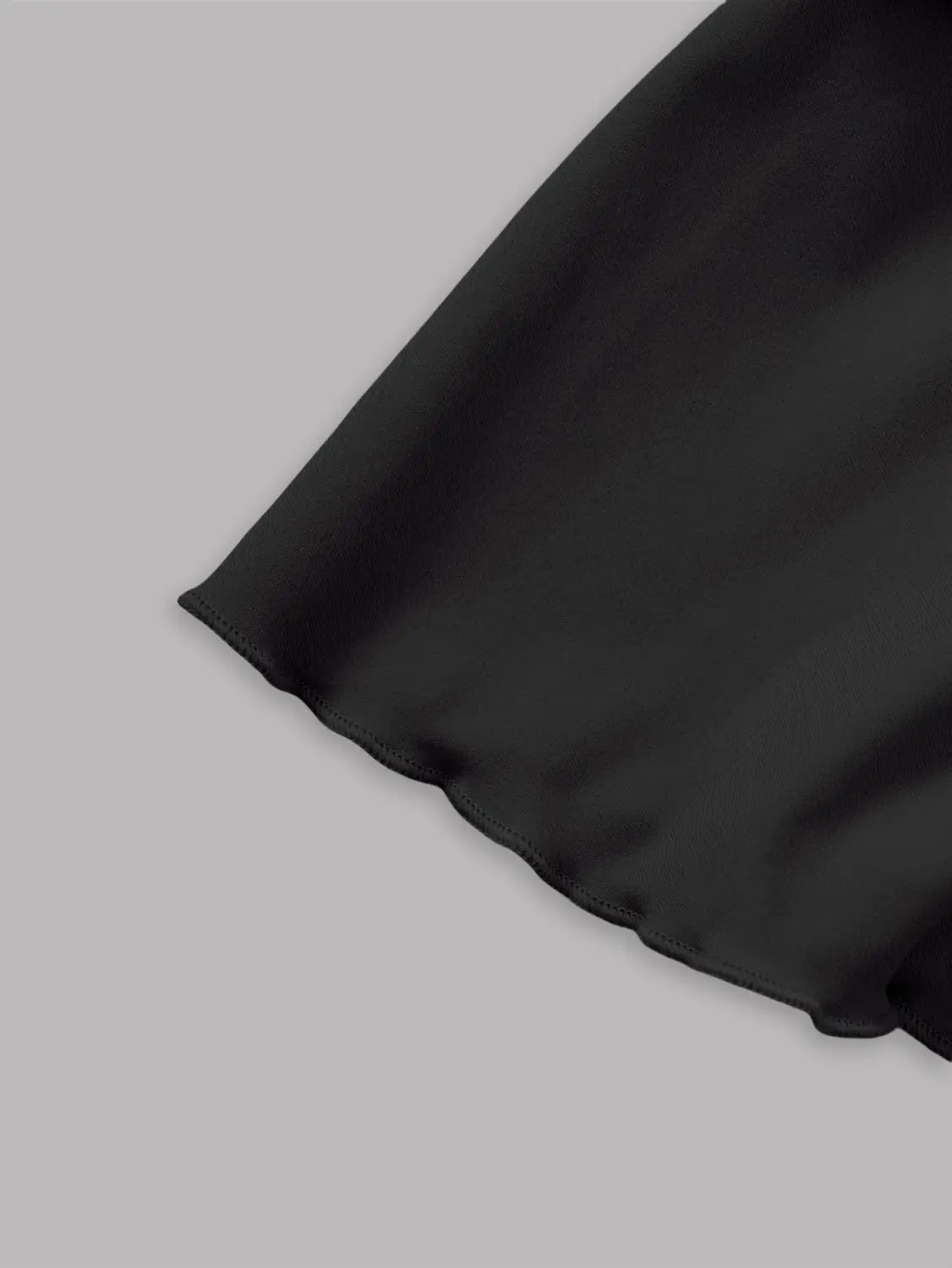 black high waist ruffle mini skirt satin hem with smooth glossy finish and neatly stitched edge