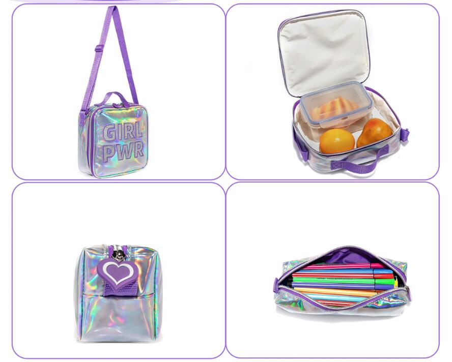 Glänzende holografische Lunch-Tasche in Violett und Silber mit einem „Girl Pwr“-Design und passendem Schultergurt aus dem Schulrucksack-Set für Mädchen holografisch.