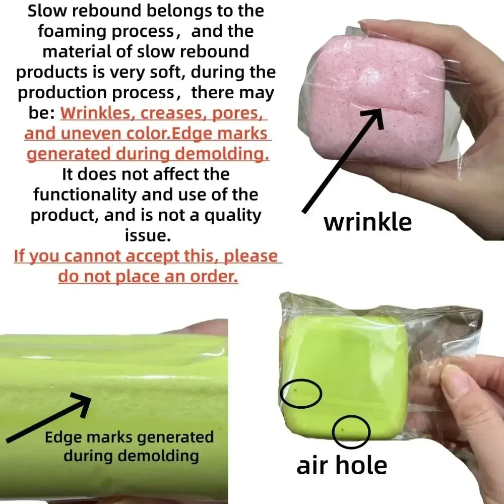 petit toast mini à dégagement lent, jouets sensoriels d’agitation, en rose et vert citron, rebond lent en mousse, présentés dans un emballage en plastique transparent, vus de face.
