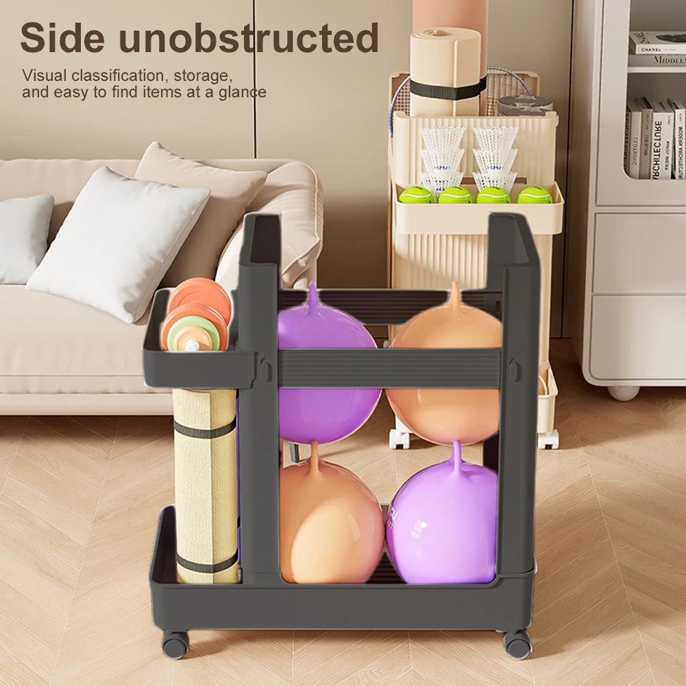 Gym Equipment Organizer Trolley with Wheels Sports Equipment Storage Rack Yoga Mat Storage Basket Fitness Equipment Holder Rack