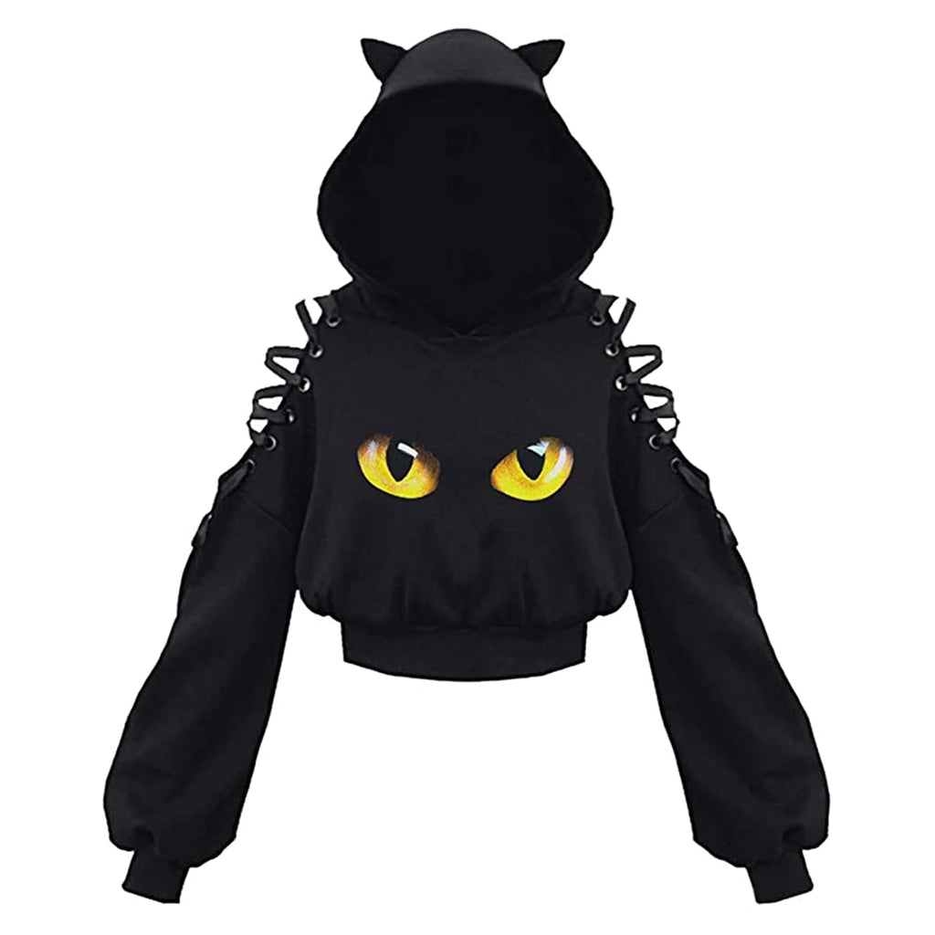 Women Long Sleeve Hoodies Kawaii Cat Ears Hoodie Gothic Punk Harajuku Cold Shouler Bandage Gothic Black Sweatshirts