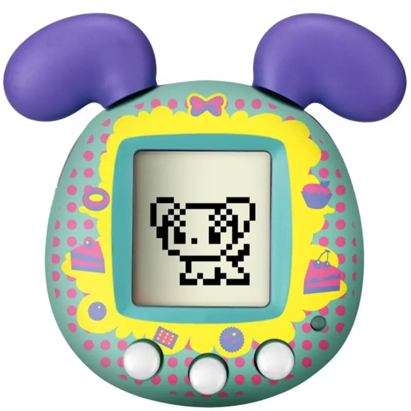 Virtual pet game handheld electronic toy featuring a purple and teal electronic pet with a yellow border, pink polka dots, and three white buttons.