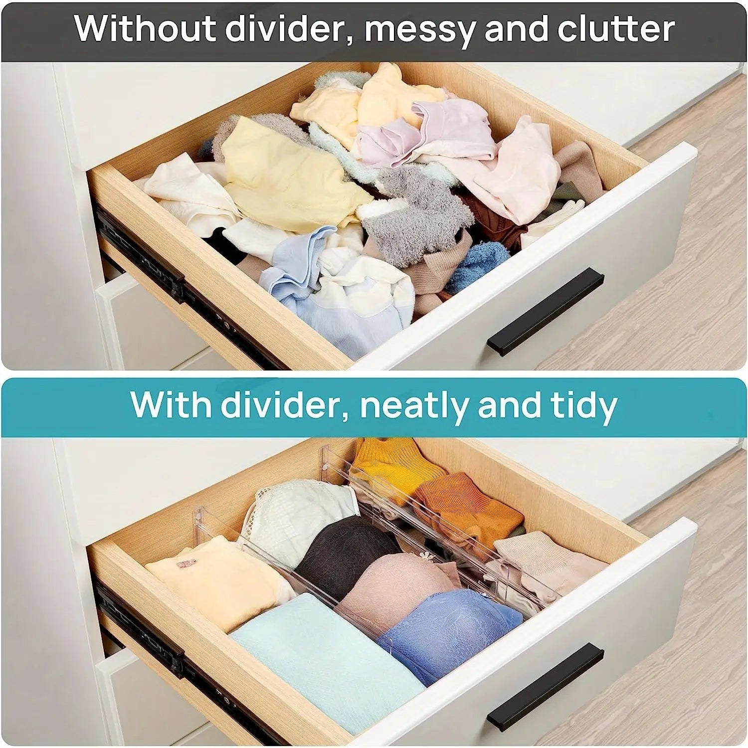 clear plastic drawer dividers made of transparent plastic featuring adjustable segments for organized storage in drawers