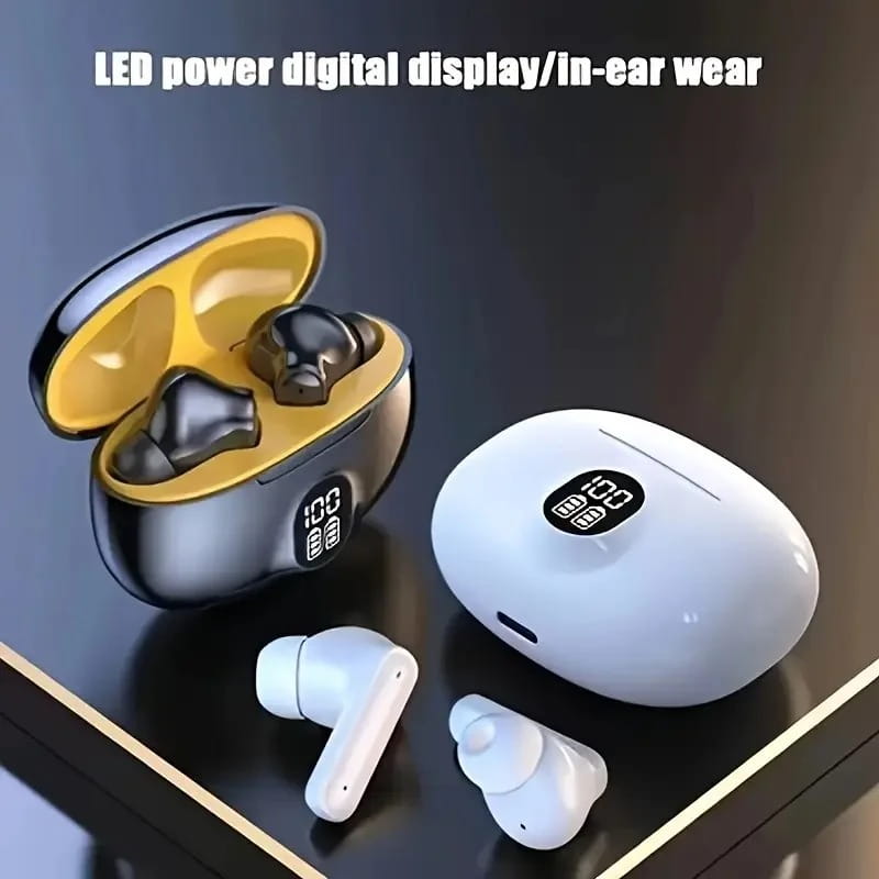 Black and white wireless bluetooth earbuds with led digital displays on their charging cases featuring a sleek modern design for sports use.