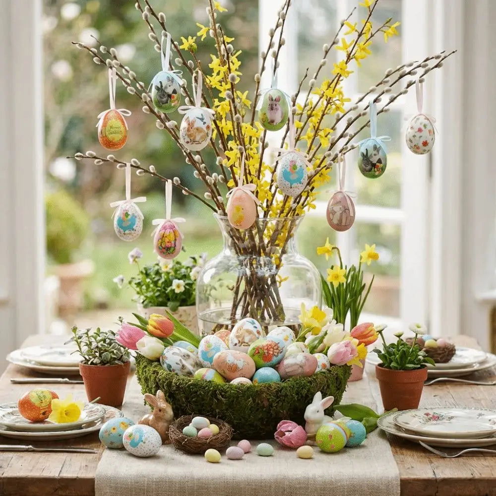 une composition centrale décorative avec un vase en verre transparent contenant des branches de forsythia jaunes, ornée d’œufs de Pâques en mousse peints suspendus, entourée de mousse et d’œufs supplémentaires décorés dans un panier.