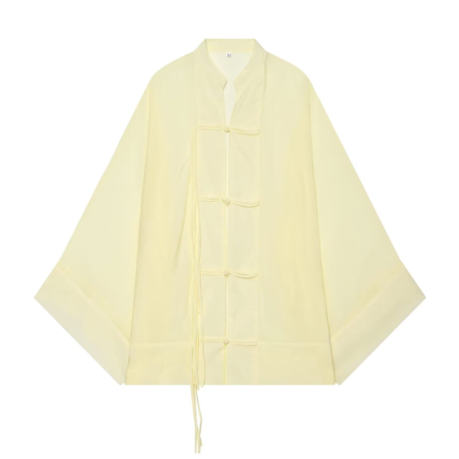 Chemise décontractée jaune pâle présentant un design traditionnel chinois ample, à manches amples, fermeture avant à nouer en tissu, adaptée comme blouse à manches longues transparente.