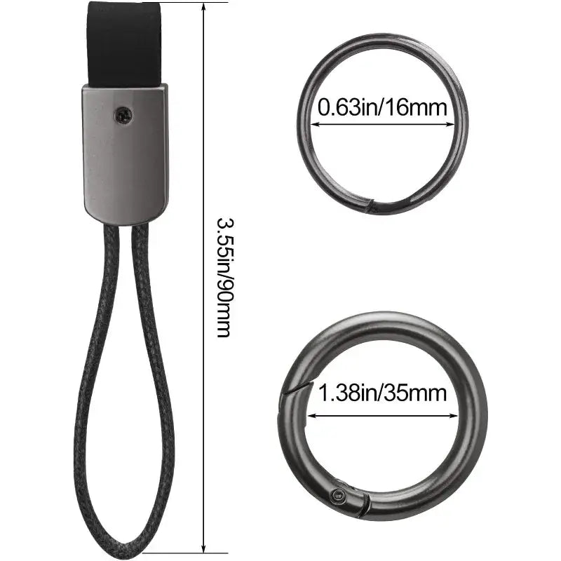 Black fabric strap braided leather car keychain universal key holder with a matte gray metal clasp and two black metal rings measuring 16mm and 35mm in diameter.