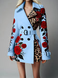Women's Chic Trench Coat Red Rose Leopard Print Double Breasted Belted Lapel Long Sleeve Outerwear Winter Female  Casual Jackets