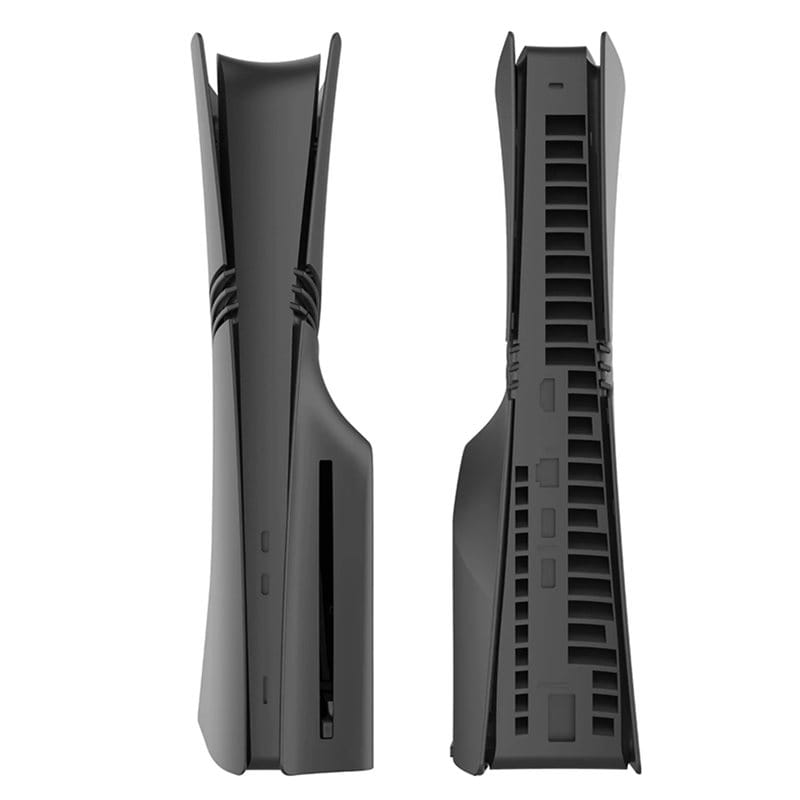 Black plastic playstation 5 console with sleek angular design and ventilation slits featuring a ps5 pro disc version black matte faceplate cover.