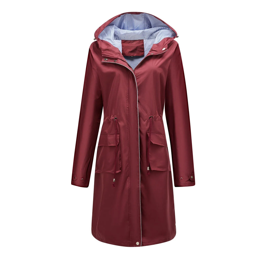 Women's Solid Colored Hooded Long Sleeved Trench Coat With Striped And Straight Tube Jacket Elegant British Style Windbreake