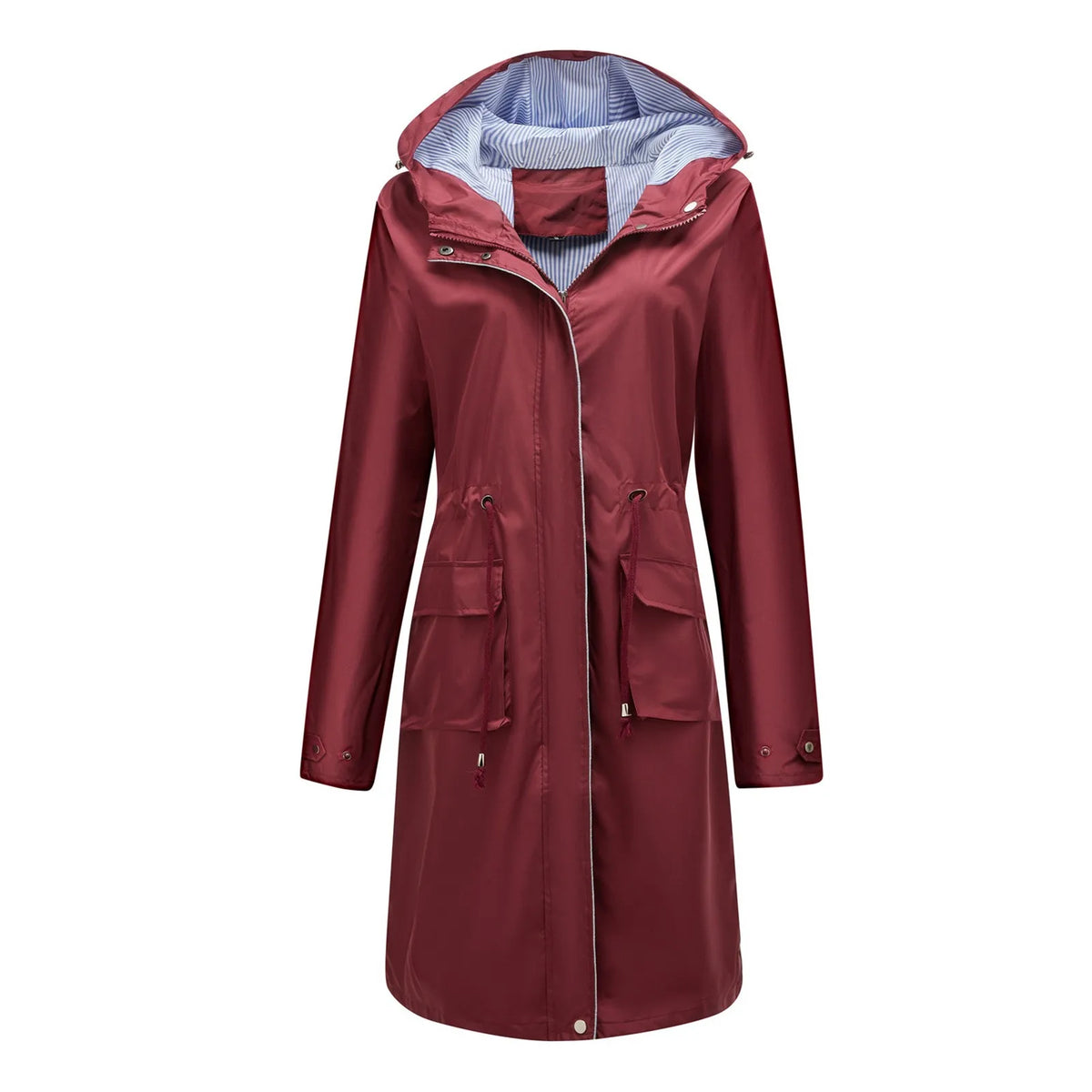 Women's Solid Colored Hooded Long Sleeved Trench Coat With Striped And Straight Tube Jacket Elegant British Style Windbreake