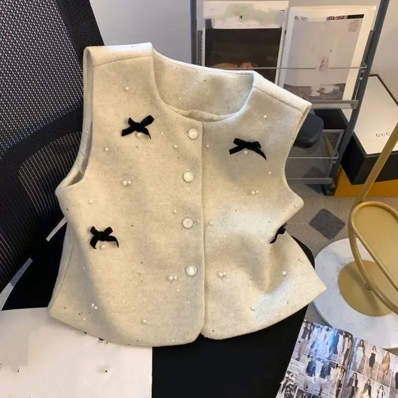 Women's Wool Blend Vest - Round Neck with Black Bow Pearl Rhinestone Button Detail