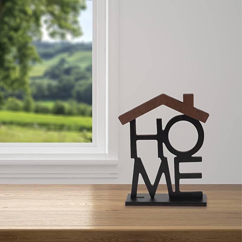 Black metal and wood home-shaped decorative stand in black and natural wood finish for shelf decor.