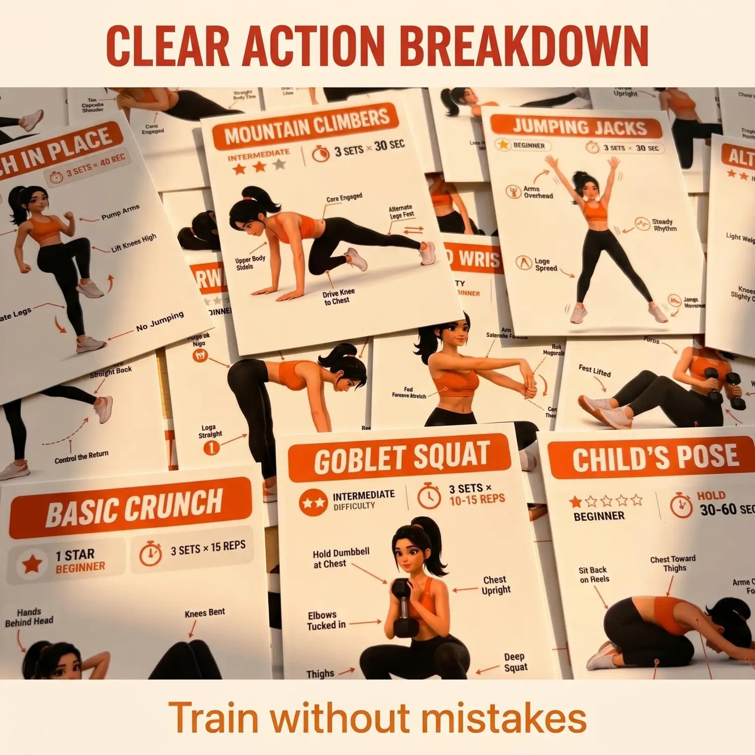 white workout instruction cards from the home workout exercise cards fitness guide set featuring illustrated female athletes in orange tops and black leggings with exercise names difficulty levels sets reps and step-by-step guidance.
