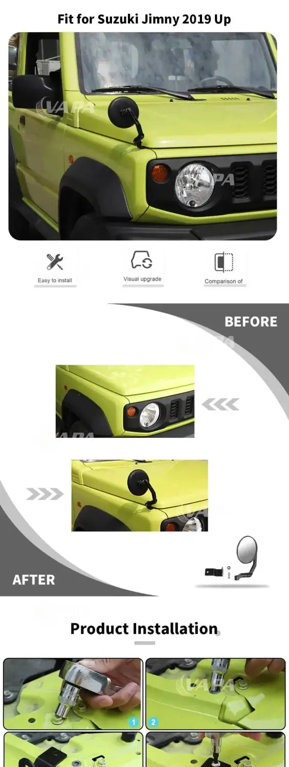 Espejo retrovisor lateral de repuesto de posventa en verde lima para Suzuki Jimny 2019 y modelos posteriores, mostrado desde el lado trasero, diseñado como reemplazo de espejo retrovisor de capó.