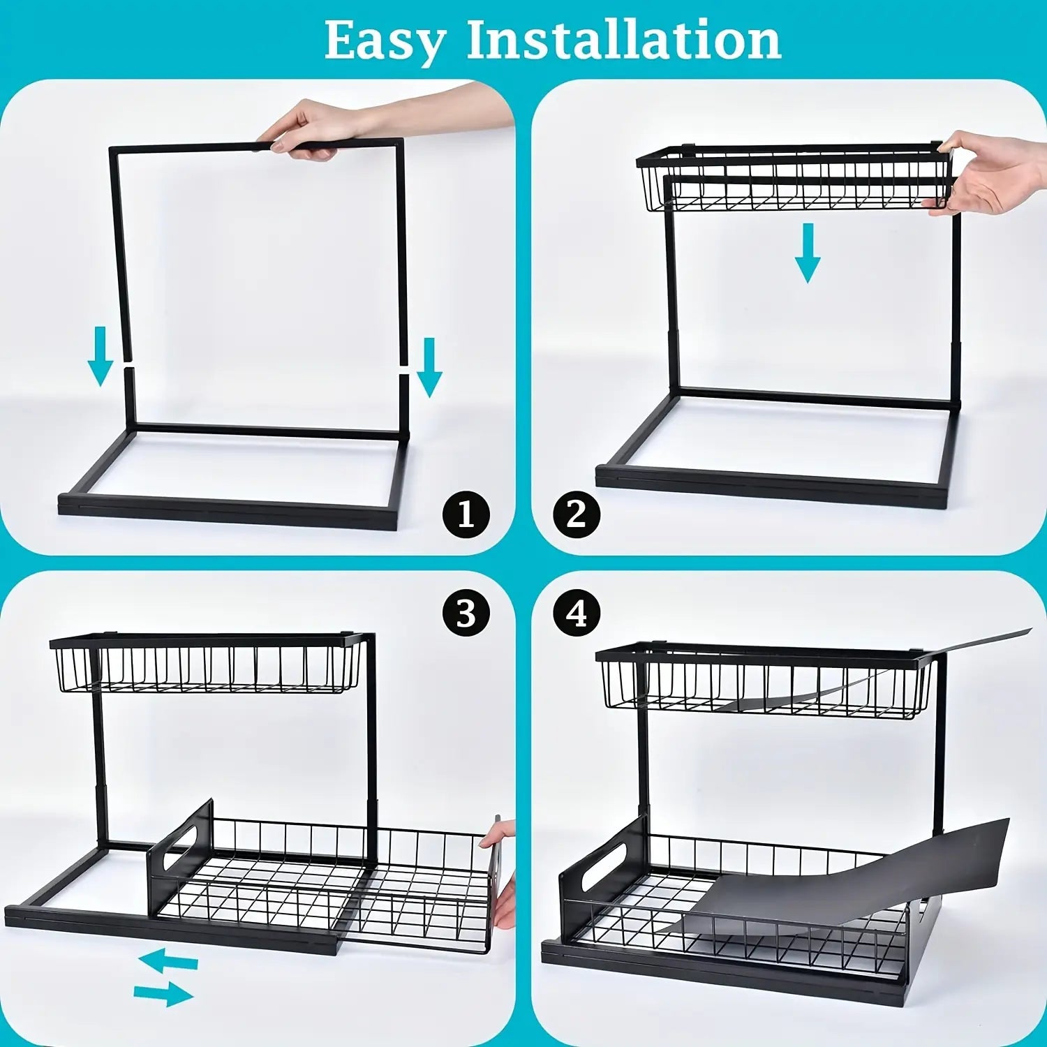 black metal under sink organizer two tier with wire mesh baskets and a sliding tray for kitchen storage